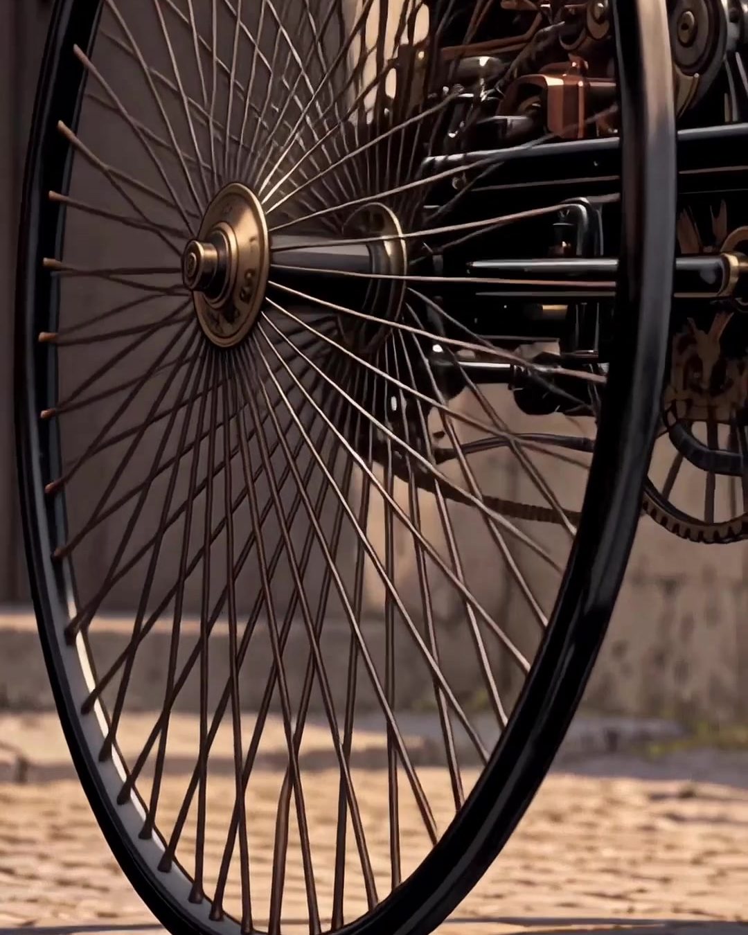 Колесо Benz Patent-Motorwagen на бруківці двору в Мангаймі — перший автомобіль Benz
