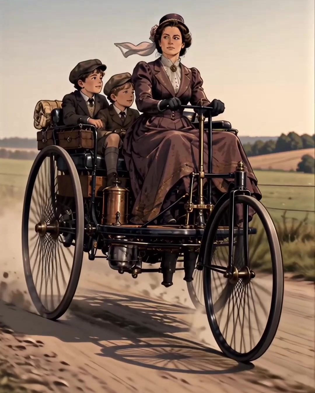 Берта Бенц із синами їде на Benz Patent-Motorwagen польовою дорогою на світанку