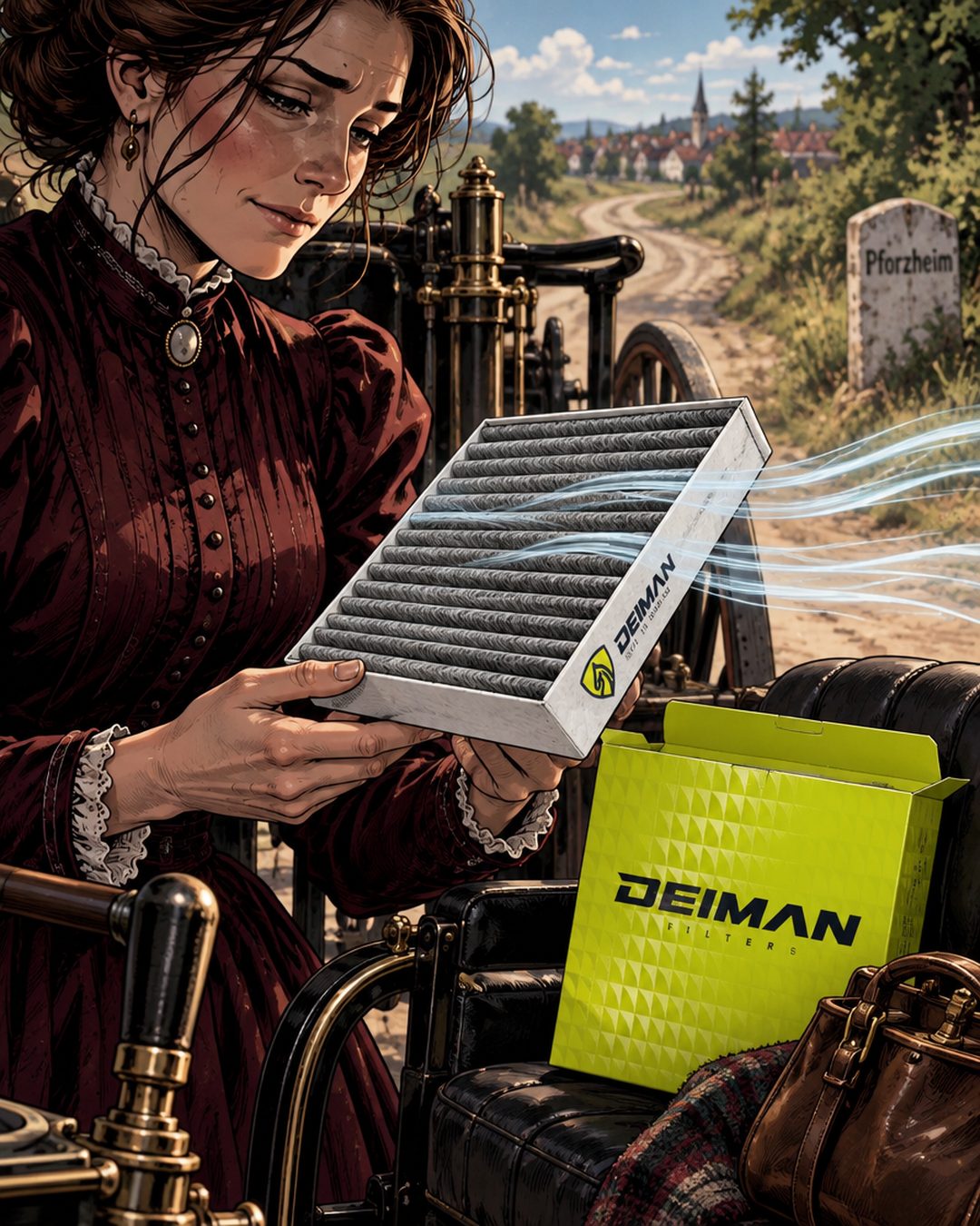 Берта Бенц тримає салонний фільтр DEIMAN Carbon Series біля Benz Patent-Motorwagen — фільтр для Mercedes-Benz