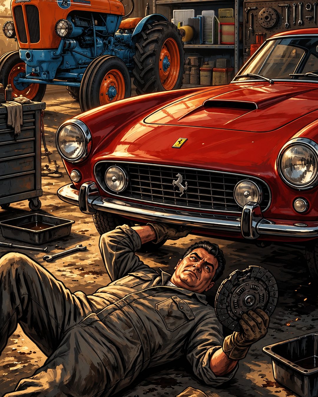 Ферруччо Ламборгіні під Ferrari 250 GT тримає згорілий диск зчеплення