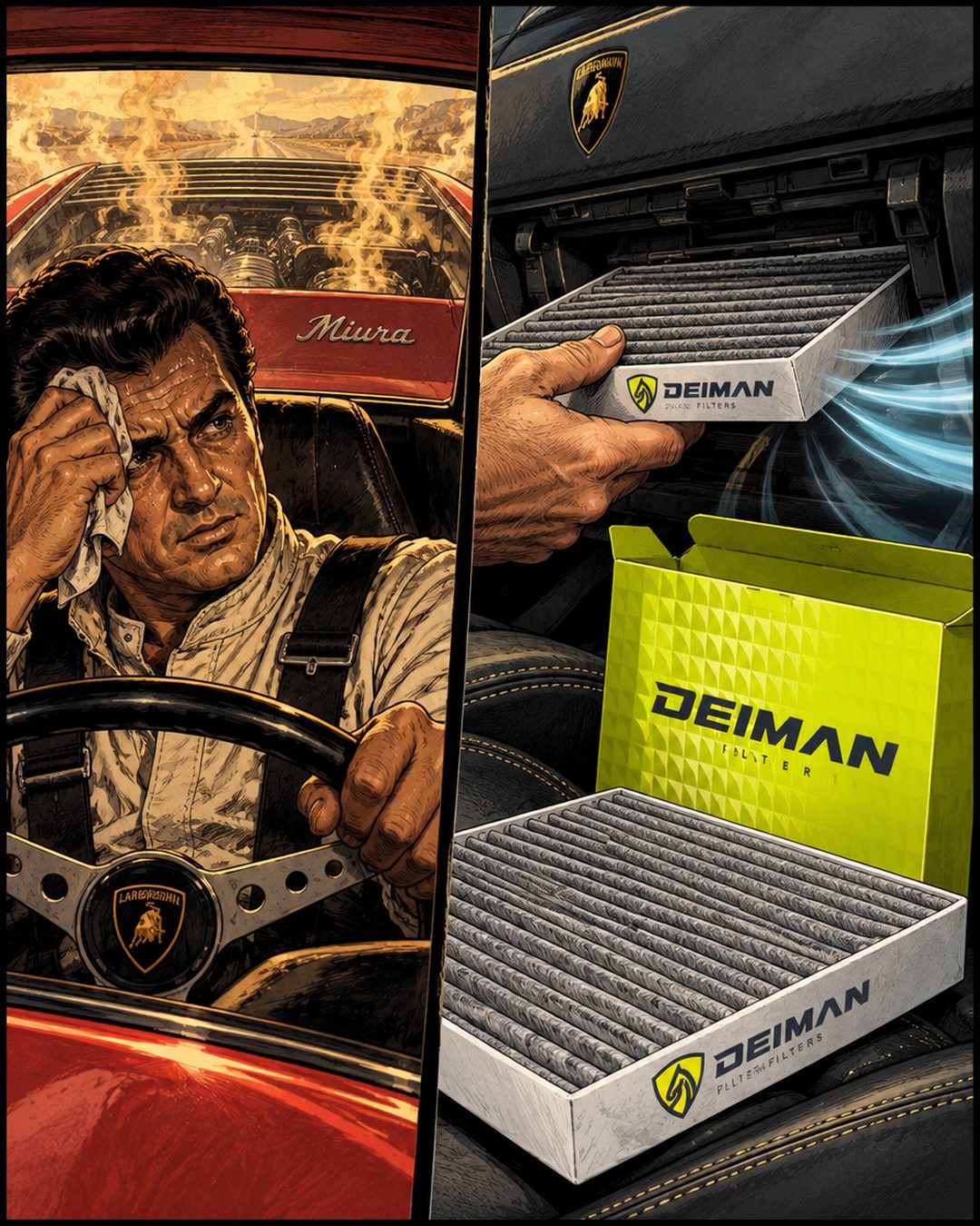 Комікс: спекотний салон Lamborghini Miura і салонний фільтр DEIMAN Ultra сьогодні
