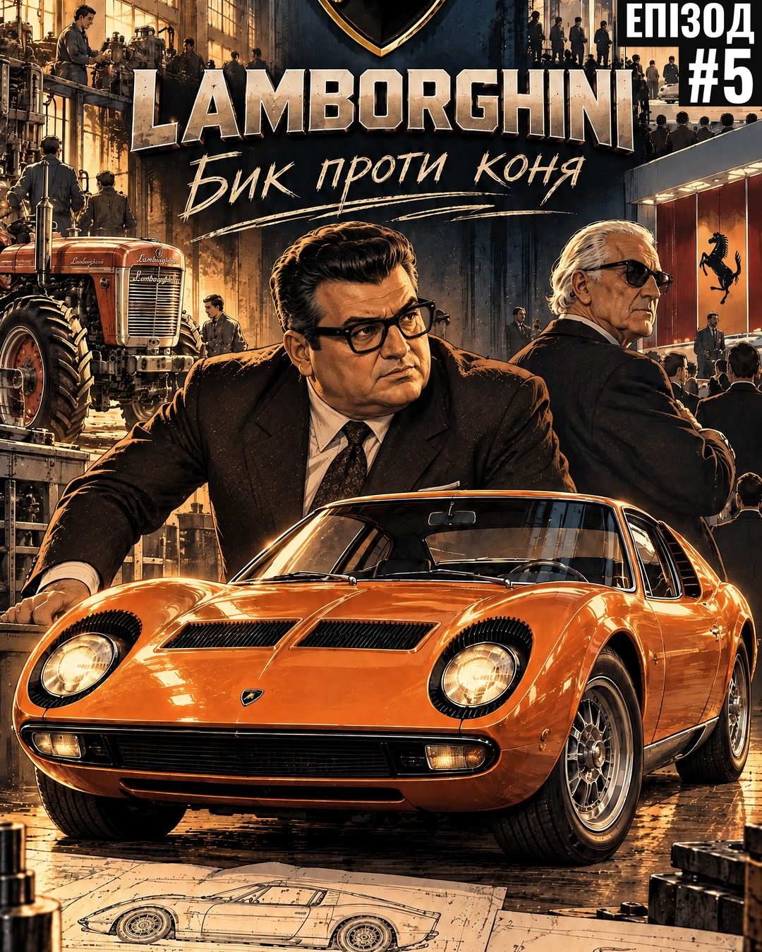 Ферруччо Ламборгіні, Енцо Феррарі в тіні та помаранчева Lamborghini Miura — обкладинка епізоду «Бик проти коня»