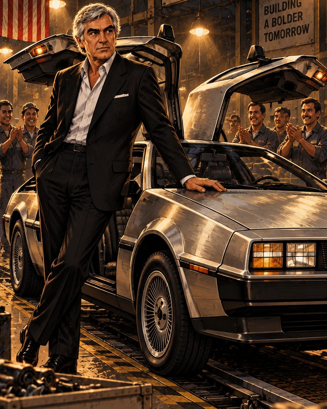 DeLorean DMC-12 на лінії заводу з піднятими дверима-крилами, робітники аплодують