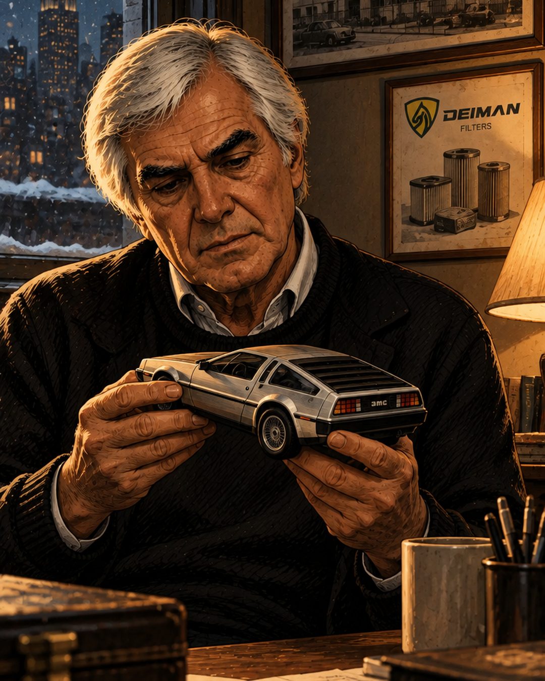 Літній Джон Делореан тримає модель DeLorean DMC-12 на тлі фото заводу в Белфасті