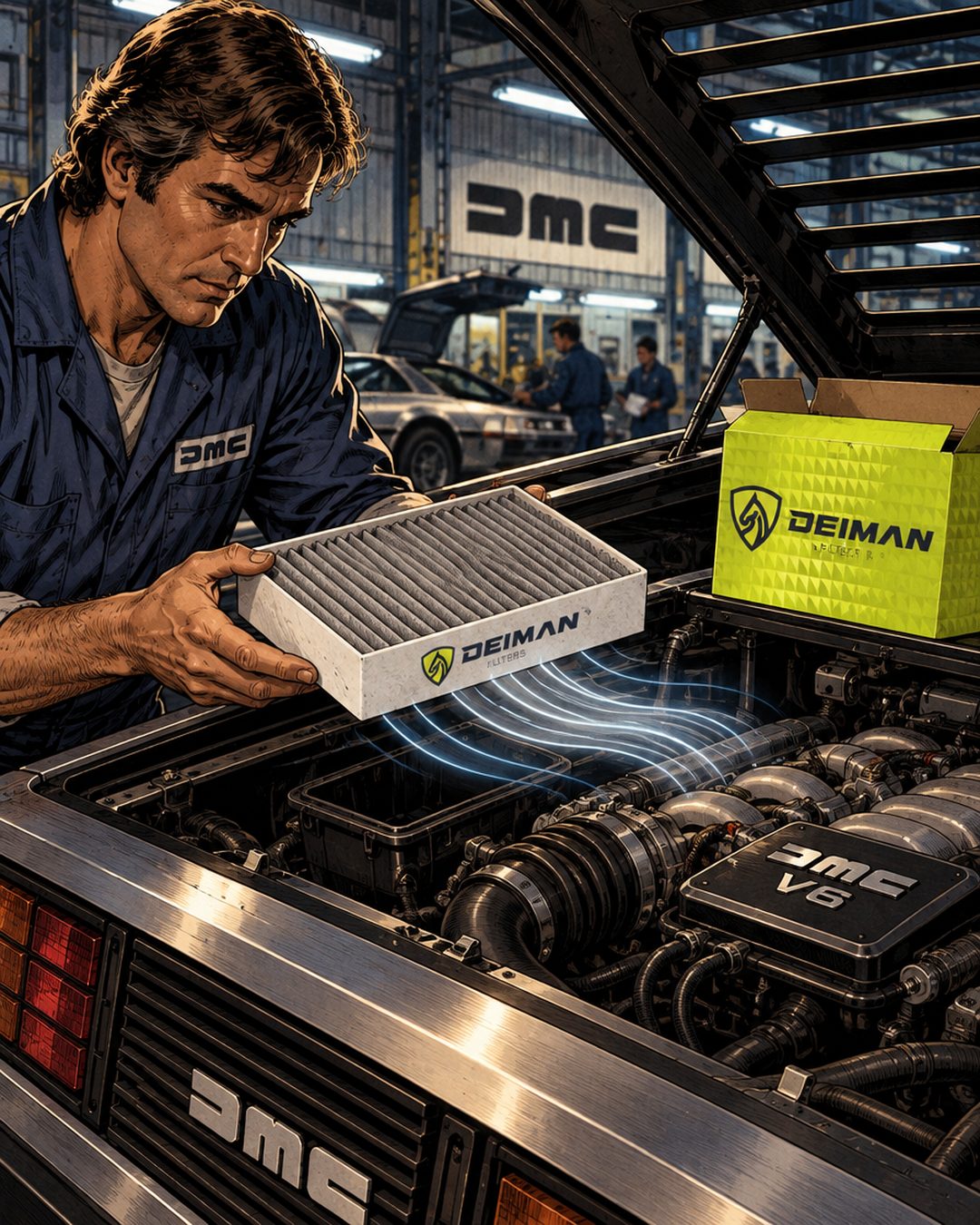 Повітряний фільтр двигуна DEIMAN і салатова коробка біля DeLorean DMC-12 на заводі під Белфастом