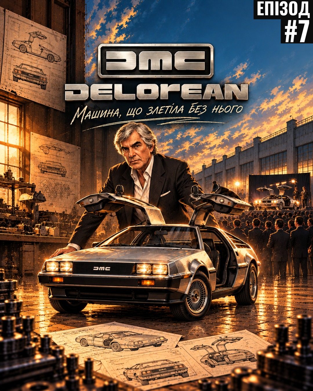 Джон Делореан біля сріблястого DeLorean DMC-12 з піднятими дверима «крило чайки» — обкладинка епізоду